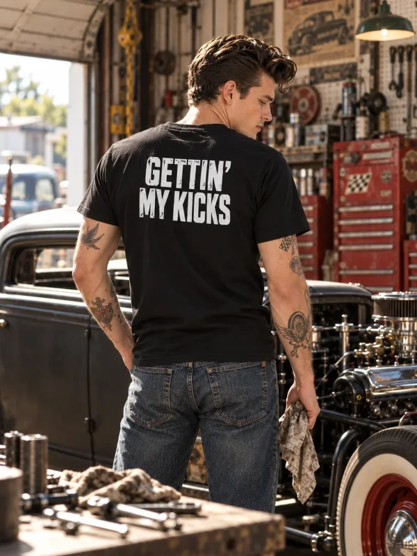 Man wearing the Gettin' My Kicks Tee