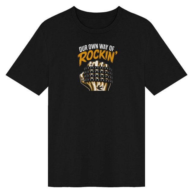 Black Our Own Way of Rockin' tee with a studded fist graphic