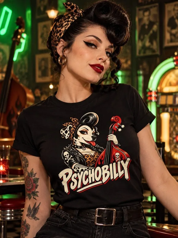 Woman wearing the Psychobilly Pin-Up Tee