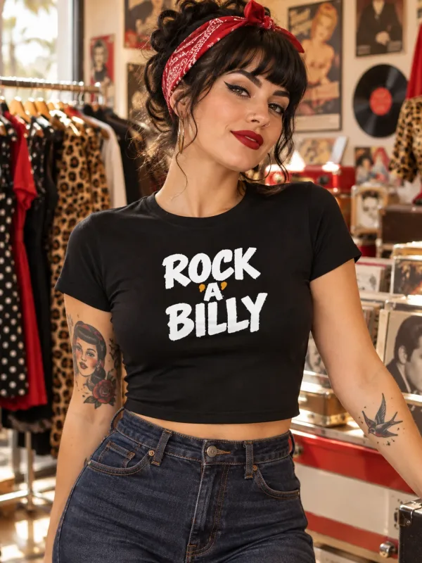 Woman wearing the Rock 'A' Billy Bold Tee