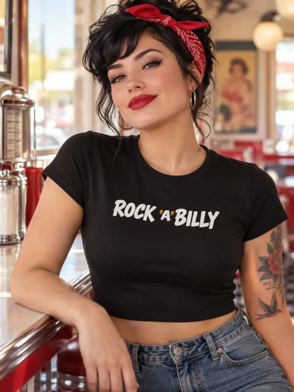Woman wearing the Rock 'A' Billy Tee