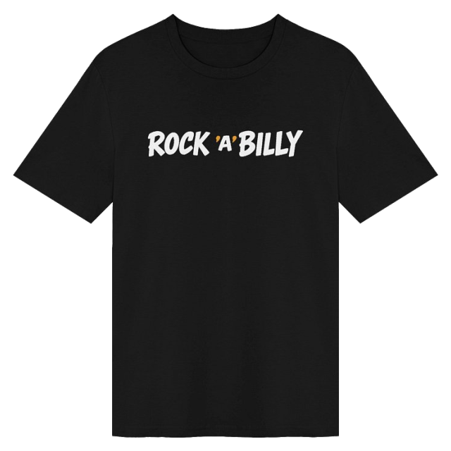 Black Rock 'A' Billy tee with white brush lettering on a single line