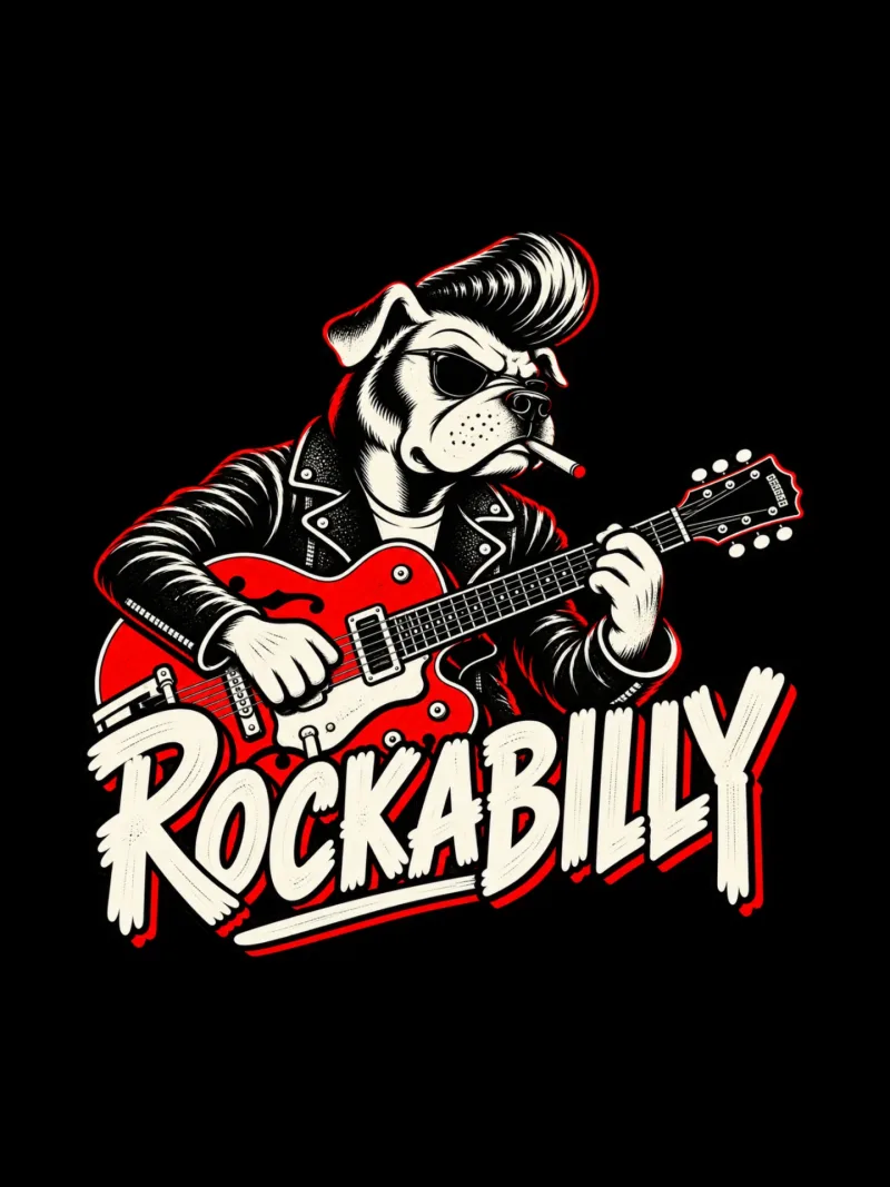 Black tee with a ROCKABILLY wordmark and a dog playing electric guitar