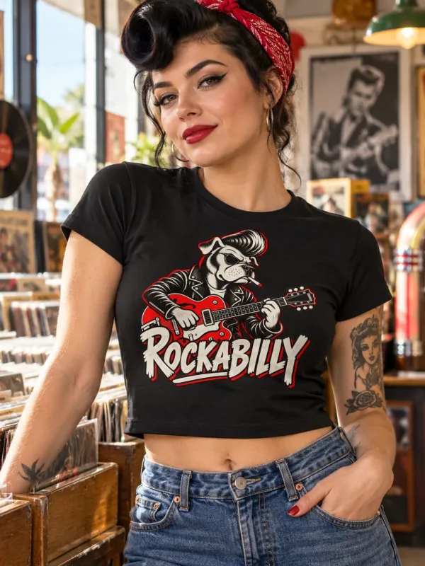 Woman wearing the Rockabilly Guitar Dog Tee