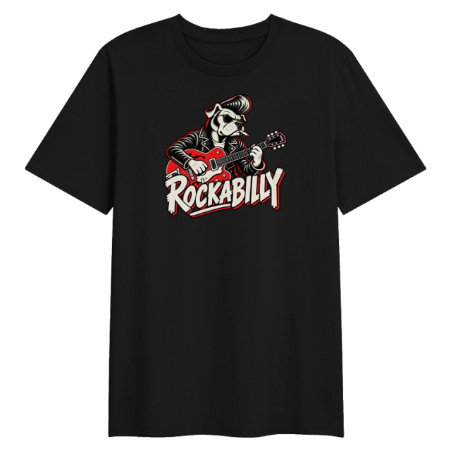 Black tee with a ROCKABILLY wordmark and a dog playing electric guitar