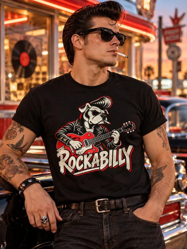 Man wearing the Rockabilly Guitar Dog Tee