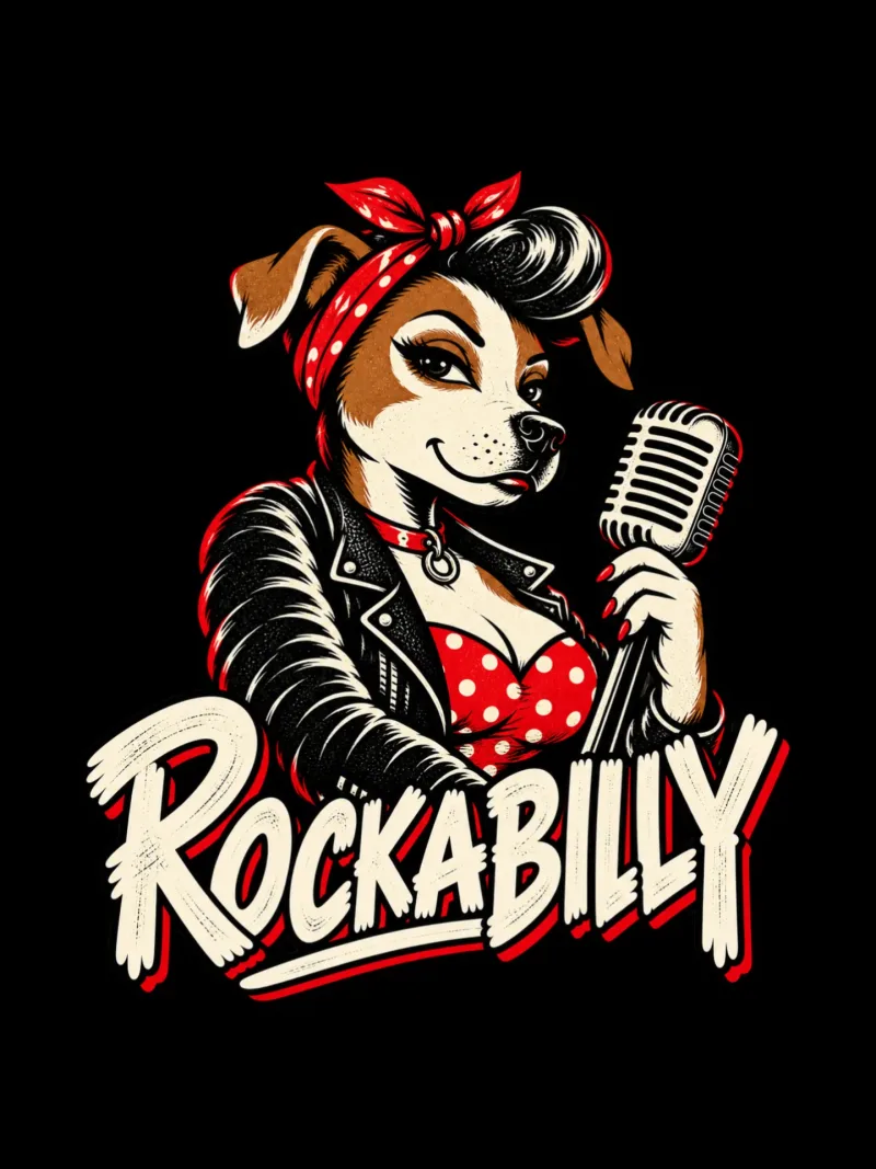 Boxy black tee with a ROCKABILLY wordmark and a pin-up dog at a vintage microphone
