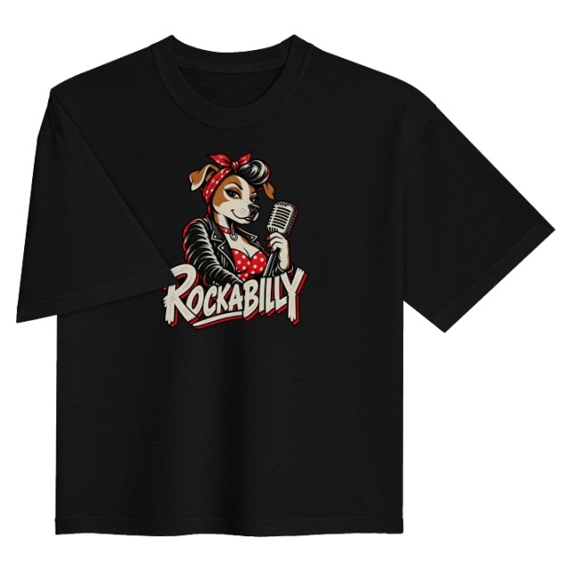 Boxy black tee with a ROCKABILLY wordmark and a pin-up dog at a vintage microphone