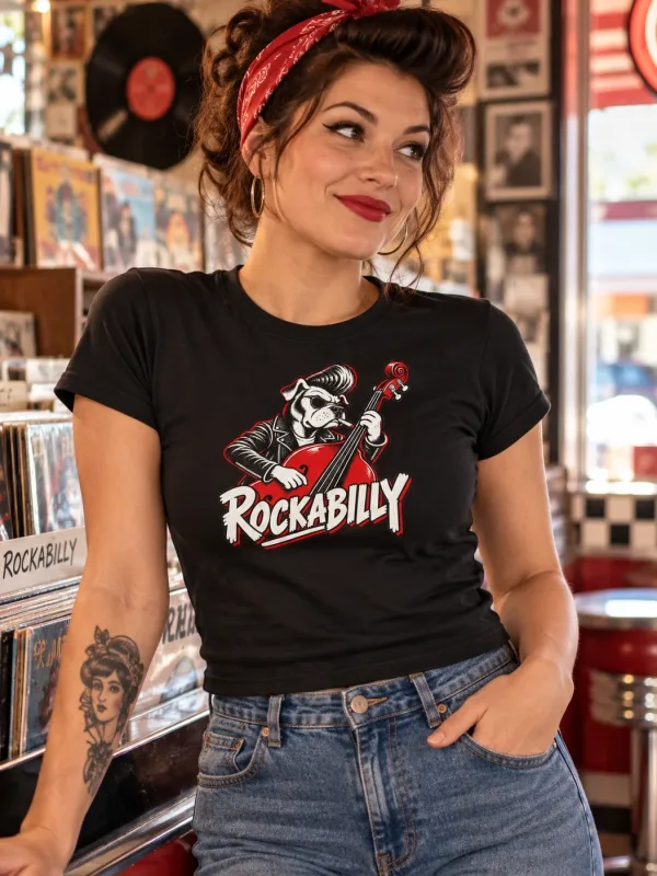 Woman wearing the Rockabilly Slap Bass Dog Tee