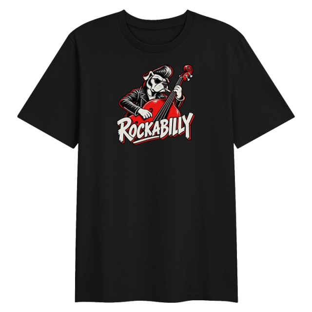 Black tee with a ROCKABILLY wordmark and a dog playing double bass