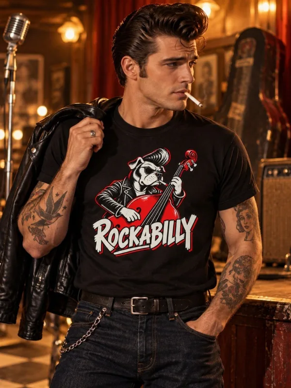 Man wearing the Rockabilly Slap Bass Dog Tee