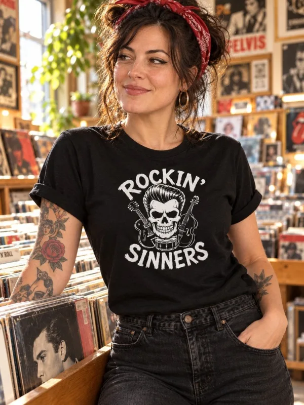 Woman wearing the Rockin' Sinners Tee