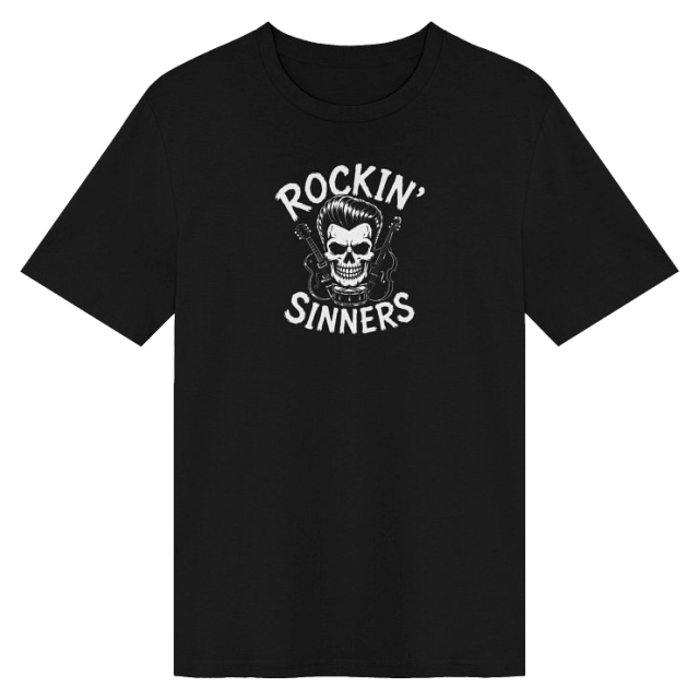 Black Rockin' Sinners tee with a pompadour skull, guitar and double bass