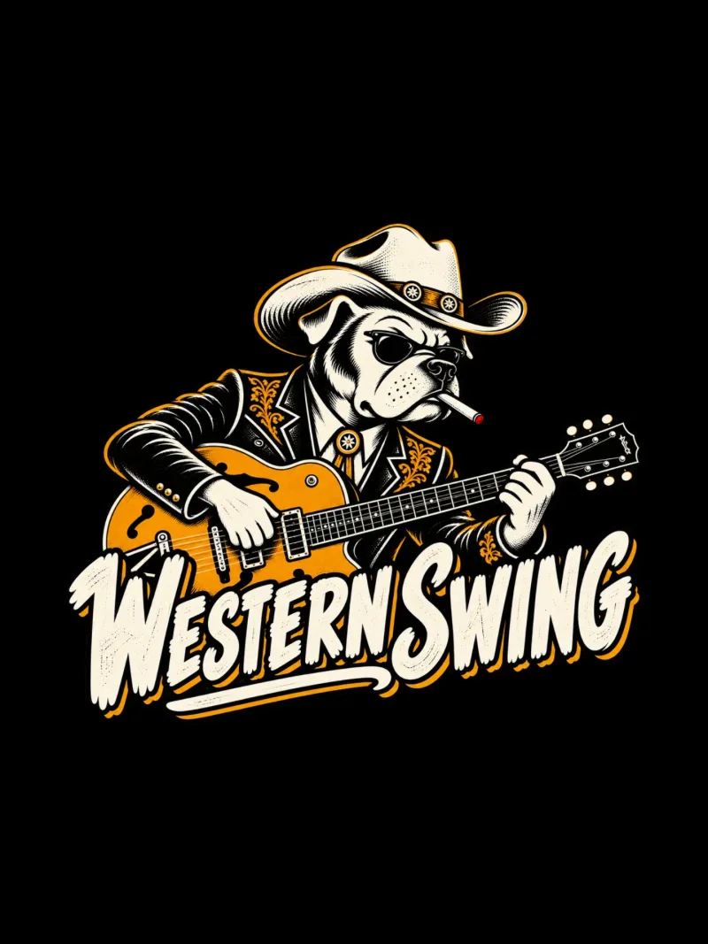 Black tee with a WESTERN SWING wordmark and a dog in a cowboy hat playing guitar