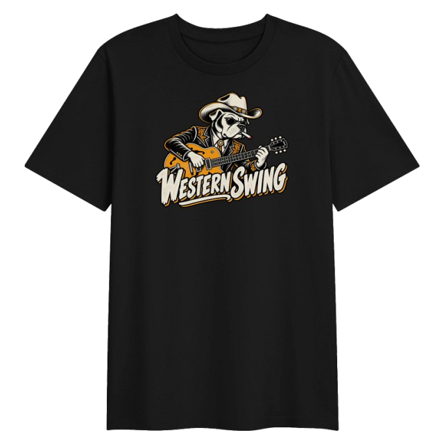 Black tee with a WESTERN SWING wordmark and a dog in a cowboy hat playing guitar